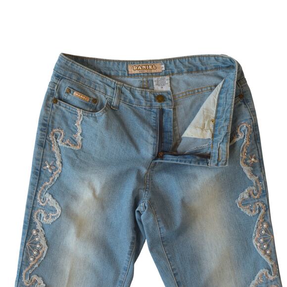 Y2K Embroidered Flare Stonewashed Denim Jeans - Size 9 (Junior) - Picture 3 of 6